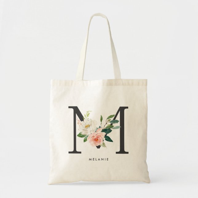 Bolso De Tela Letra floral peónica M Monograma negro dama de hon (Frente)