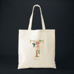Bolso De Tela Letra floral peónica T monograma dorado dama de ho<br><div class="desc">La letra floral T monogram tote bag incluye un ramo de color de agua floral de peonías y rosas de rosa rubor, acento verde y letra falsa de Relieve metalizado dorado. Esta letra T monograma de la dama de honor floral es perfecta para bodas, duchas, cumpleaños y mucho más. Personalice...</div>