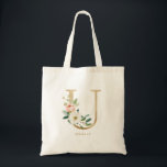 Bolso De Tela Letra floral peónica U oro Monograma dama de honor<br><div class="desc">La letra floral U monogram tote bag incluye un ramo de color de agua floral de peonías y rosas blancos y rosados, acento verde y letra falsa de Relieve metalizado dorado. Esta letra U monograma de dama de honor floral es perfecta para bodas, duchas, cumpleaños y mucho más. Personalice agregando...</div>