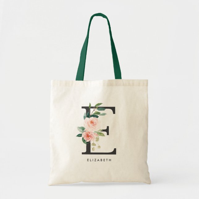 Bolso De Tela Letra floral peony E Monograma negro dama de honor (Frente)