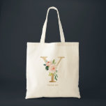 Bolso De Tela Letra floral peony y monograma dorada dama de hono<br><div class="desc">La bolsa de tote con letra floral Y monograma cuenta con un ramo acuarela floral de peonías y rosas blancos y rosados, acento verde y letra falsa de Relieve metalizado dorado. Esta bolsa de tote con monograma de dama de honor floral Y es perfecta para bodas, duchas, cumpleaños y mucho...</div>