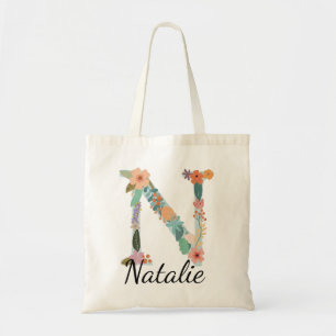 Bolso De Tela Letra floral personalizada L Nombre personalizado