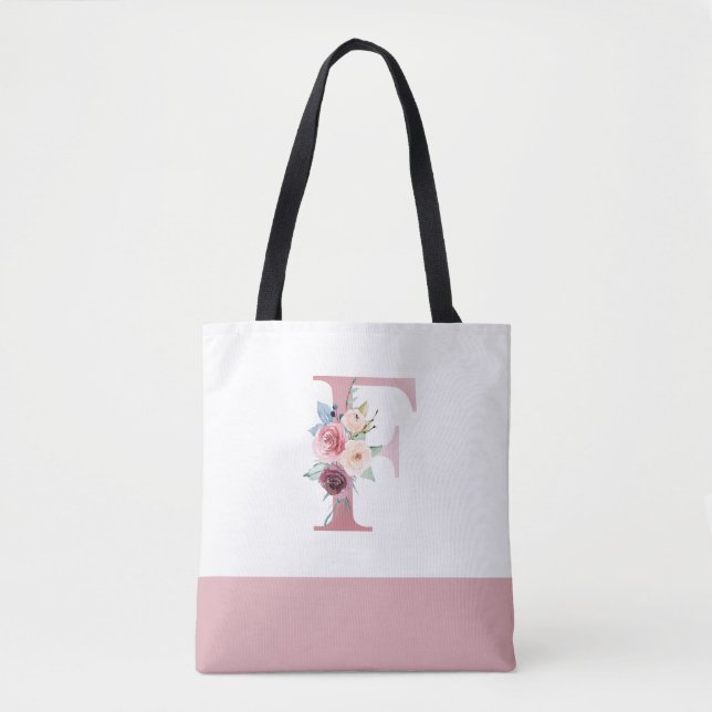 Bolso De Tela Letra floral rosada personalizada Monograma F (Anverso)