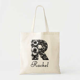 Bolso De Tela Letra floral vintage negra R Monograma y nombre