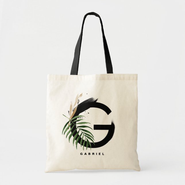 Bolso De Tela Letra G monograma | Hojas tropicales personalizada (Frente)