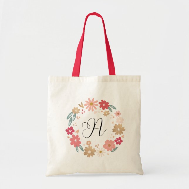 Bolso De Tela Letra Girly A | Letra floral sinmusical monograma (Frente)