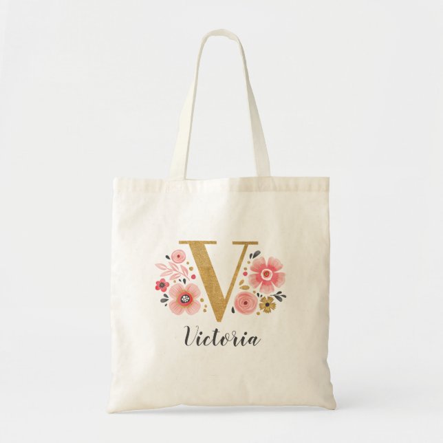 Bolso De Tela Letra Gold V Monograma Floral Rosa (Frente)