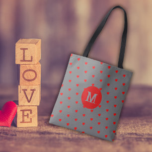 Bolso De Tela Letra gris con monogramada de corazón rojo