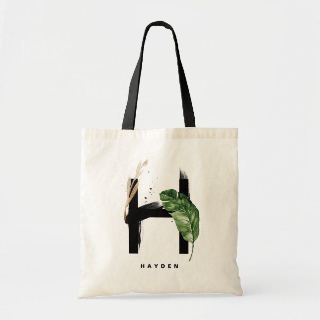 Bolso De Tela Letra H monograma | Bridesmaid de hojas tropicales (Frente)