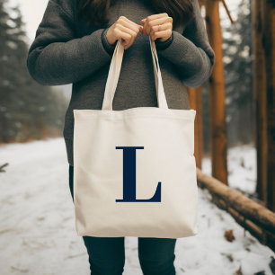 Bolso De Tela Letra Inicial   Monograma Azul Marino Moderno Eleg