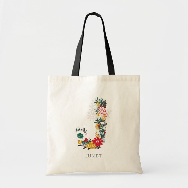Bolso De Tela Letra J | Letra floral sinusal monograma I (Frente)