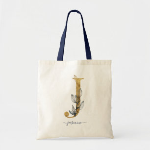 Bolso De Tela Letra "J" Monograma Moderno Hoja de Oro Azul Marin