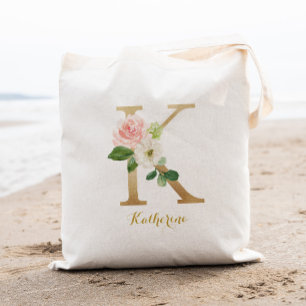 Bolso De Tela Letra K dorada y flores rosadas personalizadas