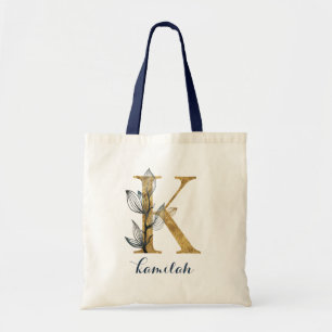 Bolso De Tela Letra "K" personalizada de la hoja de oro azul de
