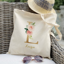 Letra L dorada y flores rosadas personalizadas