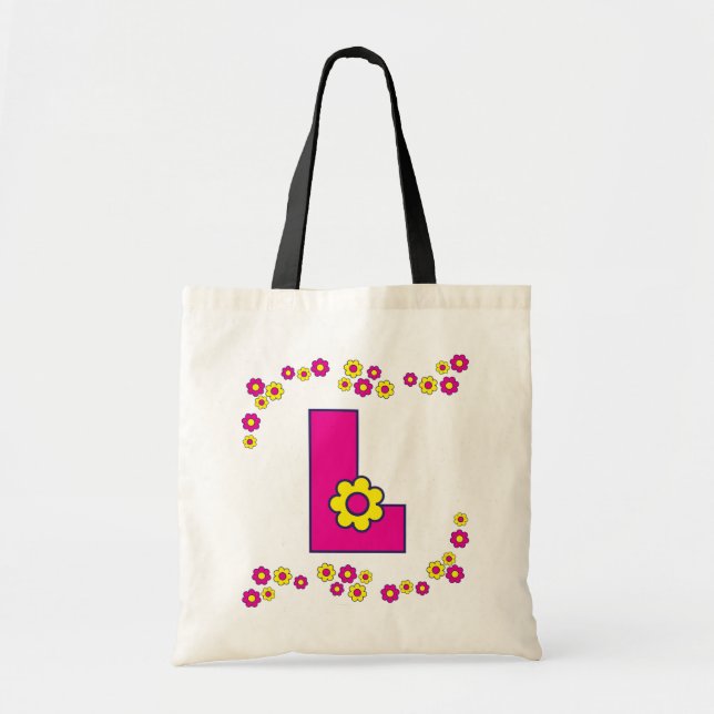 Bolso De Tela Letra L en tote rosado del monograma de Flores (Frente)