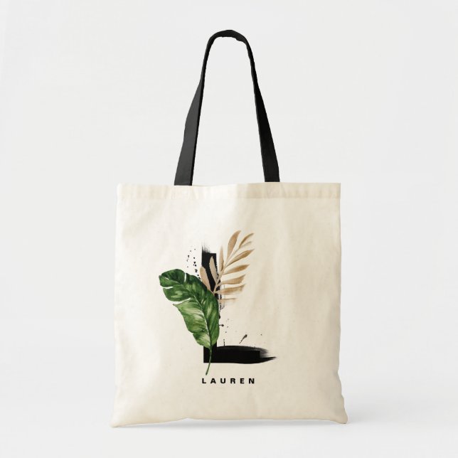 Bolso De Tela Letra L monograma | Bridesmaid de hojas tropicales (Frente)