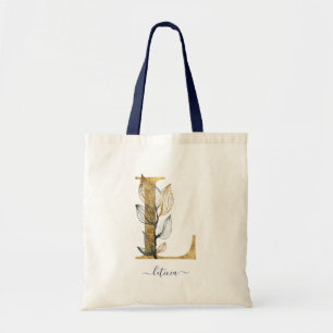 Bolso De Tela Letra "L" Monograma Moderno Hoja de Oro Azul Marin