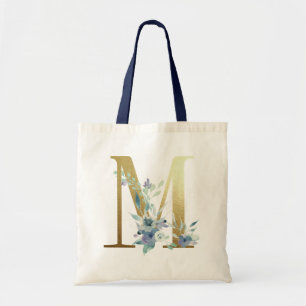 Bolso De Tela Letra M Monograma Dorado Flores Acuarela Azul