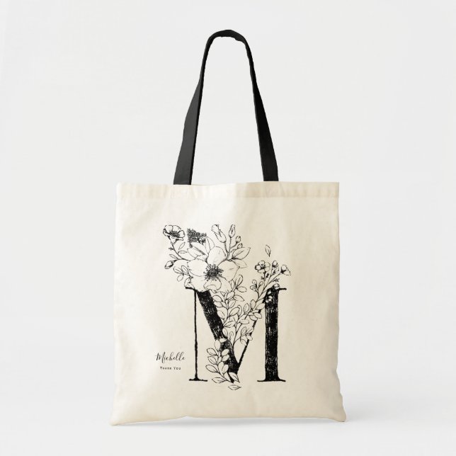 Bolso De Tela Letra M nombre floral personalizado monogramado (Frente)