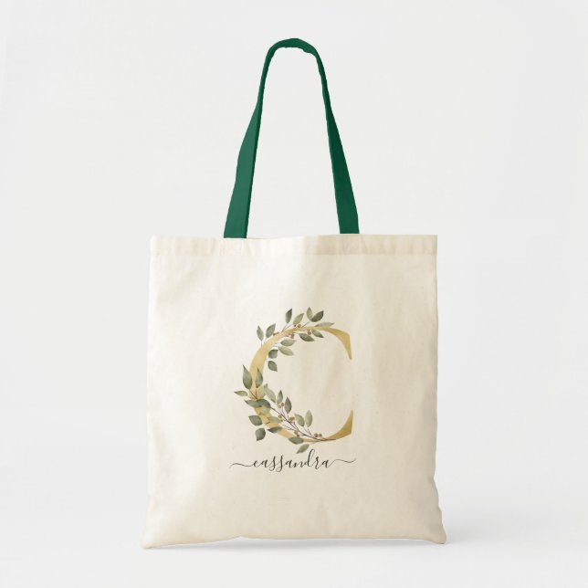 Bolso De Tela Letra Mínima Orgánica Greenery Gold Monograma "C" (Frente)