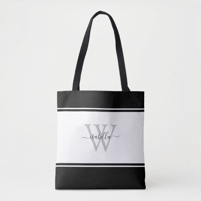 Bolso De Tela Letra Moderna Monogramada Negro Blanco (Anverso)