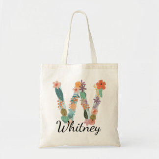 Bolso De Tela Letra Monograma Floral Elegante W Nombre Personali