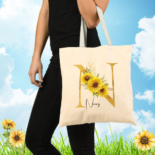 Bolso De Tela Letra monograma girasol N Letra floral N