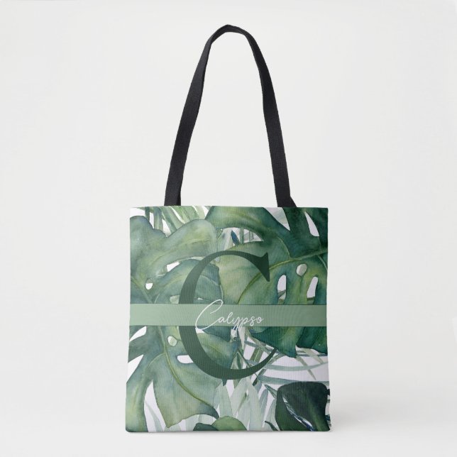 Bolso De Tela Letra monograma hojas tropicales verde monstera (Anverso)