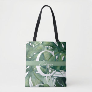 Bolso De Tela Letra monograma hojas tropicales verde monstera
