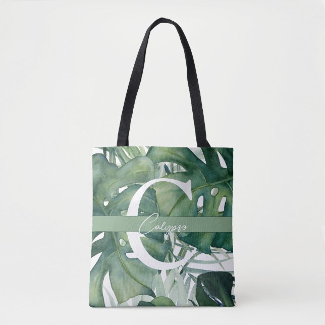 Bolso De Tela Letra monograma hojas tropicales verde monstera (Anverso)
