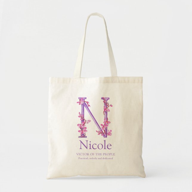 Bolso De Tela Letra monograma N orquídea acuarela Nicole persona (Frente)