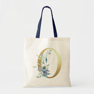 Bolso De Tela Letra O de Monograma Dorado Flores Acuarela Azul