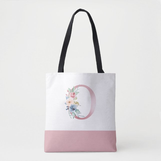 Bolso De Tela Letra o monograma floral rosa personalizada (Anverso)