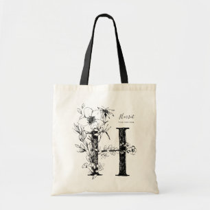 Bolso De Tela Letra orgánica de la mano con flores H monogramada