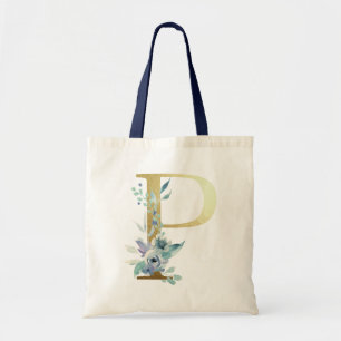 Bolso De Tela Letra P de monograma dorado flores de acuarela azu
