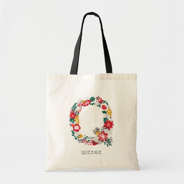 Bolso De Tela Letra Q | Letra floral sinusal monograma I (Frente)