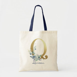 Bolso De Tela Letra Q Monograma Dorado Decoración Floral Nombre