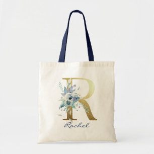 Bolso De Tela Letra R de Monograma Dorado Decoración Floral Nomb