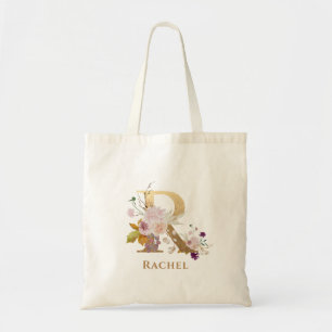 Bolso De Tela Letra R - Nombre floral dorado