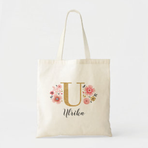 Bolso De Tela Letra rosa dorada floral monograma "U"