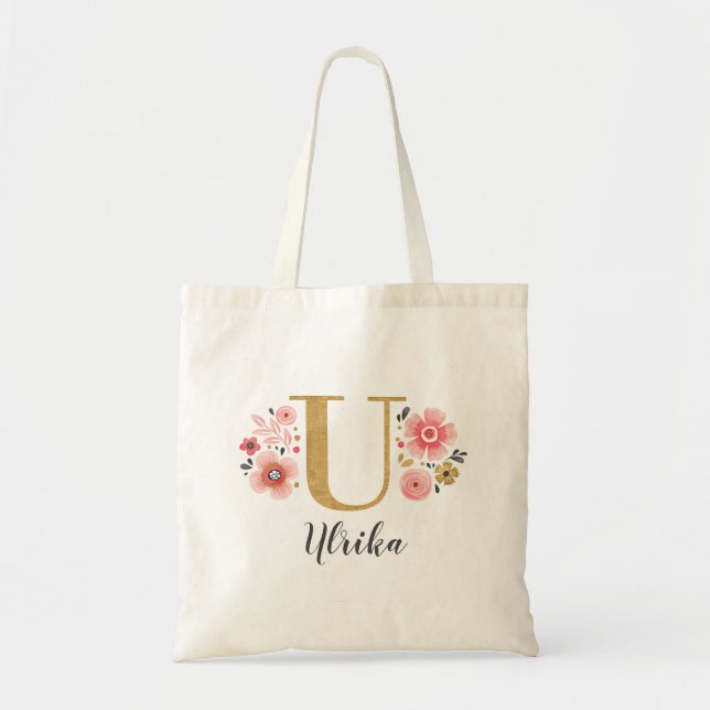 Bolso De Tela Letra rosa dorada floral monograma "U" (Frente)