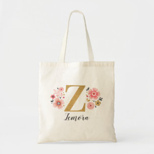 Bolso De Tela Letra rosa dorada floral monograma "Z"