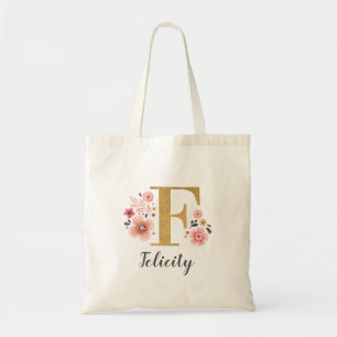 Bolso De Tela Letra rosada dorada monograma floral "F"