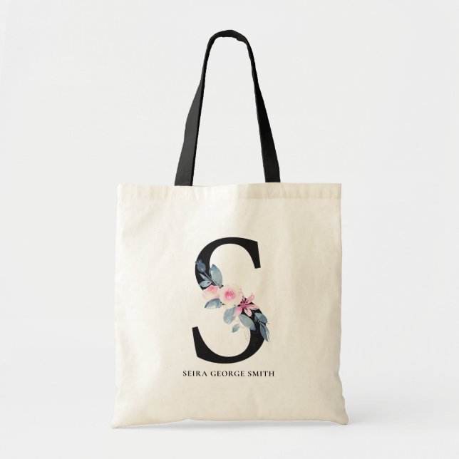 BOLSO DE TELA LETRA S DE NOMBRE DE ALFABETAS DE FLORES AZULES RU (Frente)