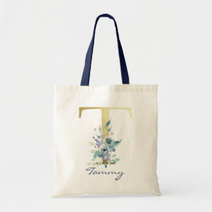 Bolso De Tela Letra T Monograma Dorado Decoración Floral Azul No