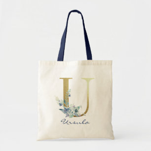 Bolso De Tela Letra U de Monograma Dorado Decoración Floral de N