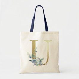 Bolso De Tela Letra U de Monograma Dorado Flores Acuarela Azul
