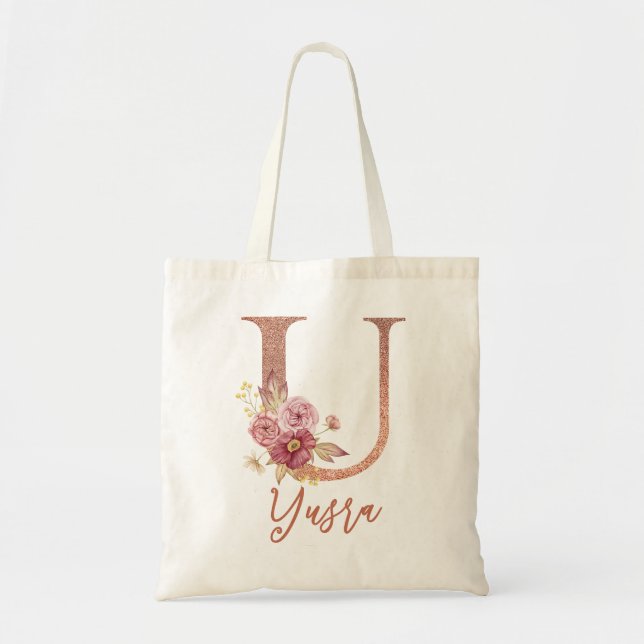 Bolso De Tela Letra U Purpurina rosa Rubor Monograma floral (Frente)