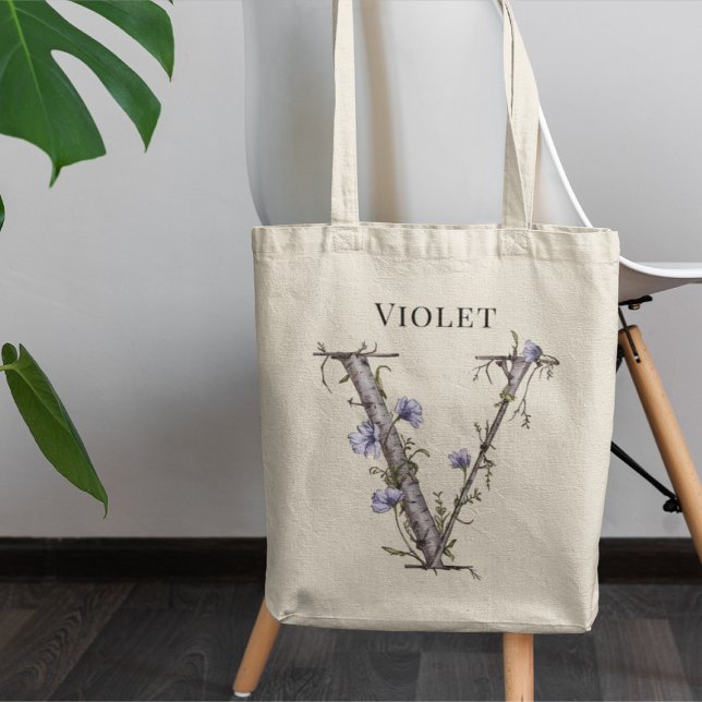 Bolso De Tela Letra V Floral Monograma Violeta Suave Nombre Pers (Subido por el creador)